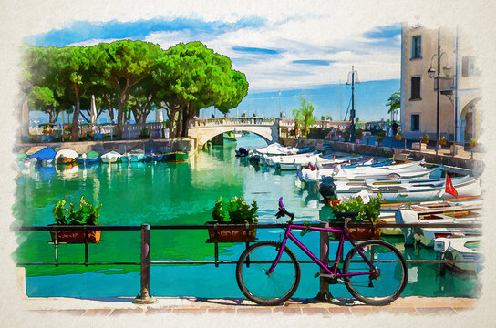 Watercolor drawing of Bicycle bike near fence of old harbour Porto Vecchio with motor boats on turquoise water and Venetian bridge