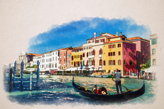 Watercolor drawing of Venice: gondolier on gondola with tourists people sailing in Grand Canal waterway, row of colorful multicolored buildings