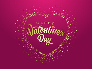 Happy Valentines Day typography in golden sparkling stroke heart with dust glitter graphic on pink background. Decorative glowing dots, shiny texture, creative sale design. Luxury love vector sign