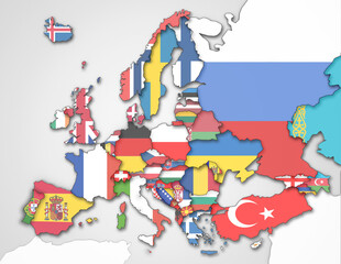 3D Europakarte mit Flaggen der Staaten (inkl. Zwergstaaten, Kaukasus und Kasachstan)