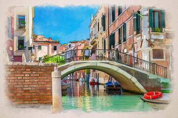 Fototapeta na wymiar Watercolor drawing of Bridge across narrow water canal in Venice with moored boats between old colorful buildings with balconies