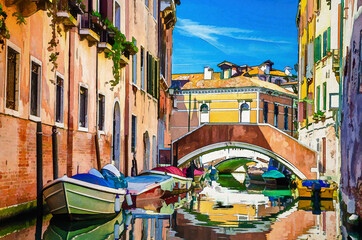 Fototapeta na wymiar Watercolor drawing of Venice cityscape with gondolas and motor boats moored on narrow water canal near colorful buildings and stone bridge