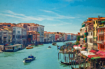 Fototapeta na wymiar Watercolor drawing of Venice cityscape with Grand Canal waterway. View from Rialto Bridge. Gondolas, boats, vaporettos docked sailing Canal Grande