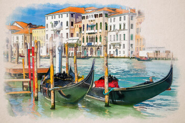 Fototapeta na wymiar Watercolor drawing of Gondolas traditional boats moored in wooden pier dock of Grand Canal waterway in Venice historical city centre