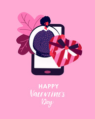 Online Virtual Shopping.African Man Hold Heart Gift Present.Send,Get Parcel,Purchase,Order in Mobile App Smartphone Screen.Valentine Day,Birthday,Holiday.Internet Digital Post.Flat Vector Illustration