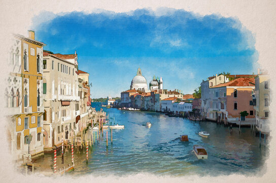 Watercolor drawing of Venice cityscape with Grand Canal waterway. Gondolas, boats, vaporettos docked sailing Canal Grande