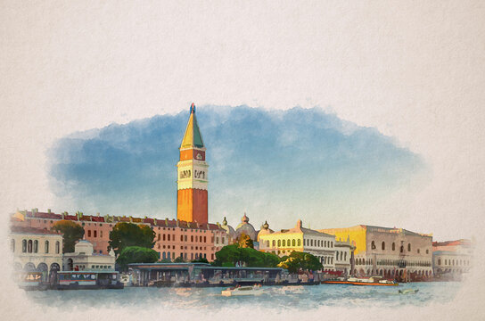 Watercolor drawing of Venice cityscape with San Marco basin of Venetian lagoon water, Procuratie Vecchie, Campanile bell tower