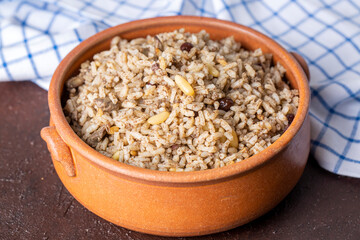 Traditional delicious Turkish food; rice pilaf with pine nuts and currants (Turkish name; ic pilav or pilaf)