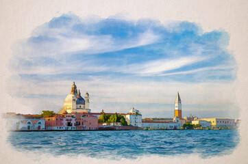 Fototapeta premium Watercolor drawing of Venice cityscape with San Marco basin of Venetian lagoon water, Santa Maria della Salute church, Campanile bell tower