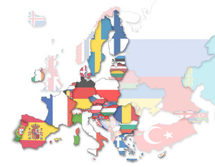 Naklejka premium 3D Europakarte inkl. Zwergstaaten und dem Kaukasus mit Flaggen der EU Staaten und restlicher Staaten (transparenter)