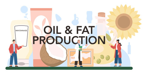 Oil production typographic header. Glass bottle of vegatable oil: cocoa,