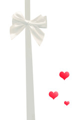 Valentine's Day. Beautiful background with white ribbon and bow with red hearts on white isolated background