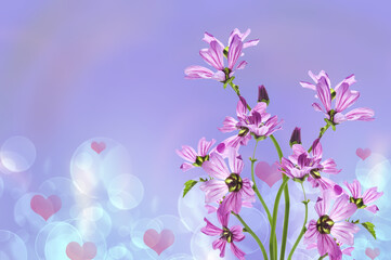 Valentine's Day. Beautiful background with a bouquet of beautiful lilac flowers with pink hearts and bokeh on a lilac background