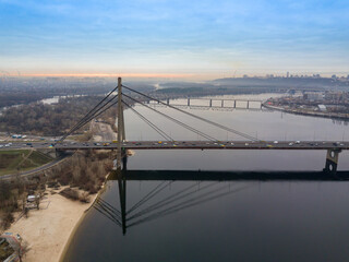 Aerial drone view. North bridge in Kiev on a cloudy morning.