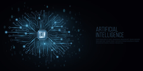 Futuristic cover for Artificial Intelligence. Cyborg technological brain. Glowing computer circuit board with a processor. Binary code. Cyber thinking. Vector illustration