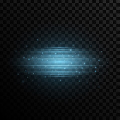 Stylish light effect on a transparent background. Modern laser effect with flying glowing particles. Blue glare and flare. Vector illustration