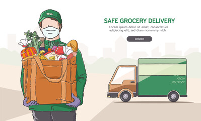 Illustration of grocery delivery man wearing mask and gloves while working, deliver to your door. Safe delivery concept. 