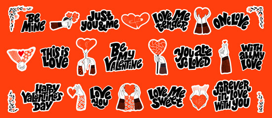 Vector sticker set for valentines day. Romantic collection for social media, print, t-shirt, card, poster, gift, landing page, web design elements. Hand-drawn lettering typography. Doodle illustration