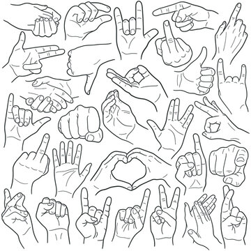 Hands Gesture doodle icon set. Fingers Vector illustration collection. People Signs Hand drawn Line art style.
