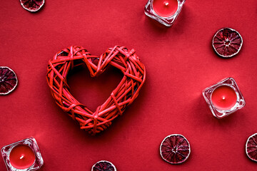 red color set with food and heart top view