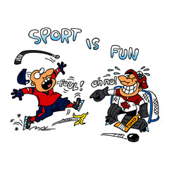 Hockey striker slipped on banana peel and goalkeeper laughs at him, attacks and fouls, sport is fun, color cartoon