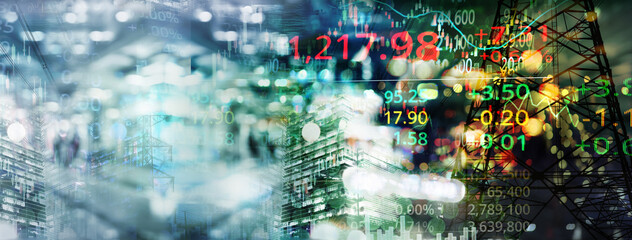 graph line of trade stock market and index number on glow blur city light banner business background.