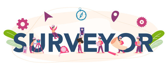 Surveyor typographic header. Geodesy science , land surveying technology