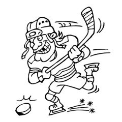 Hockey striker with knocked out tooth shoots a goal, sport is fun, winter sport joke, black and white cartoon