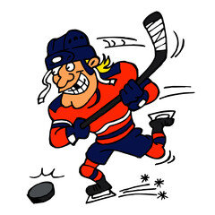 Hockey striker with knocked out tooth shoots a goal, sport is fun, winter sport joke, color cartoon