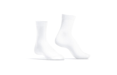 Blank white long socks mockup pair on tiptoe, side view