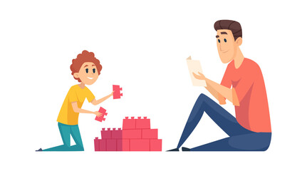 Father and son. Man play with boy, people assemble constructor. Isolated cartoon family time vector illustration. Childhood father playing toys son together