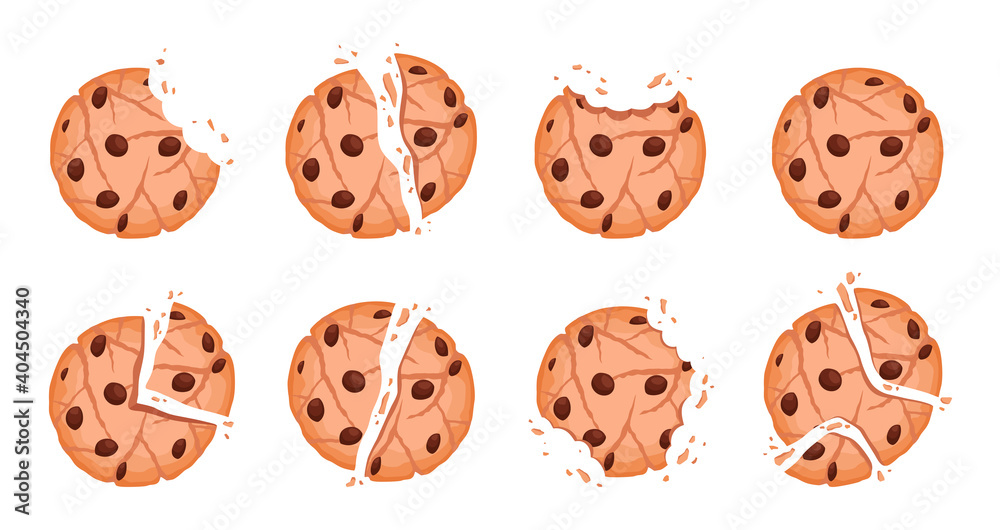 Poster bitten cookies. tasty crumble dessert vector chipped cookies collection. illustration bake oatmeal w