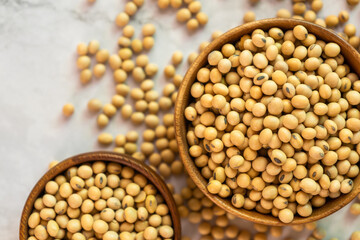 soybeans in wooden bowl on the table.