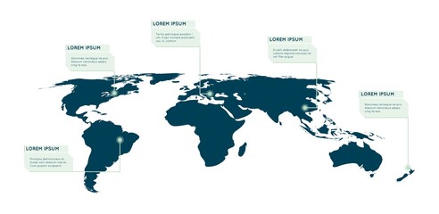 Fototapeta na wymiar World map infographic. Callout, info text boxes vector illustration. World info-graphic data, presentation worldwide option