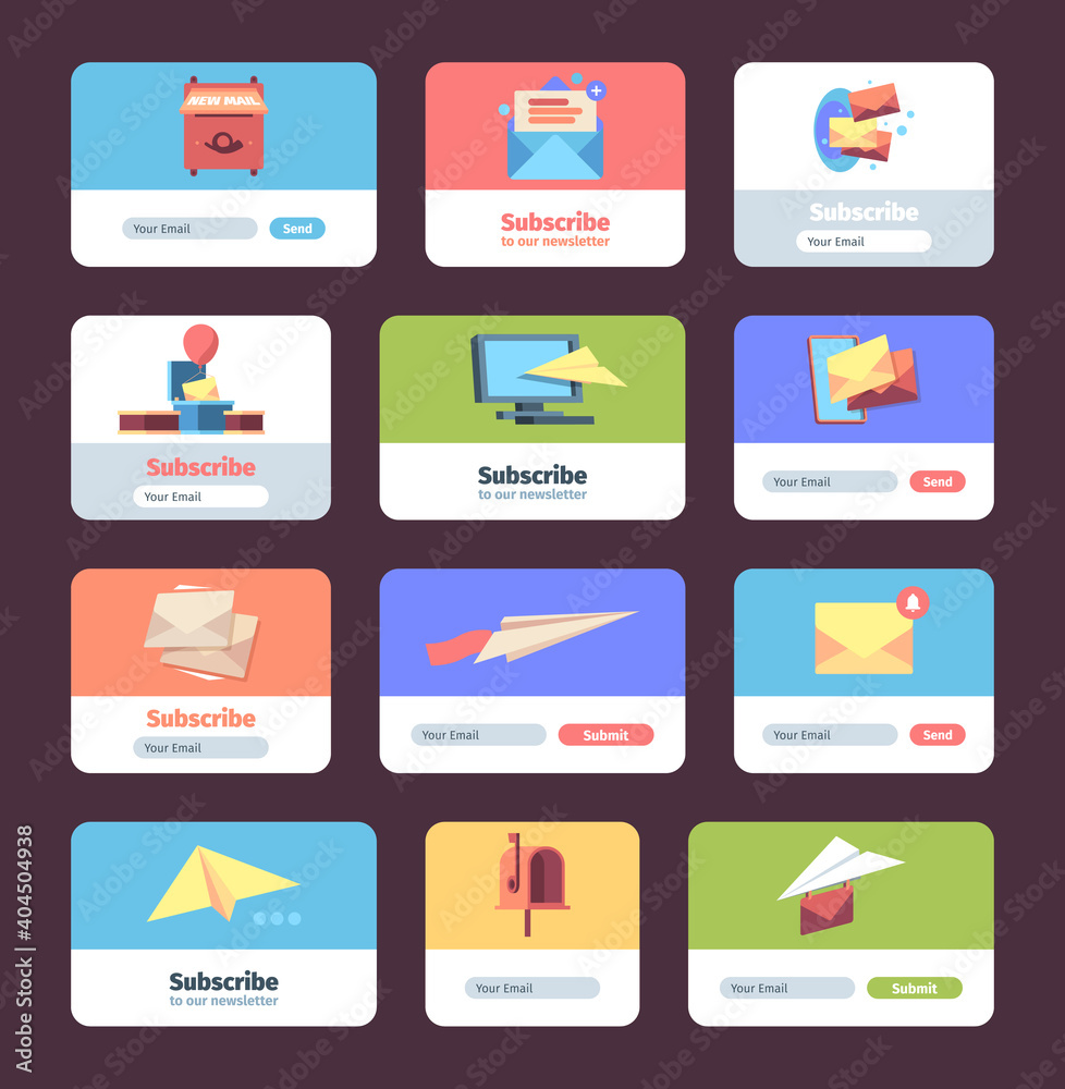 Poster Subscribe forms. Web box design template for user subscribers signing up layout garish vector illustrations. Subscribe webmail to user application, signing form