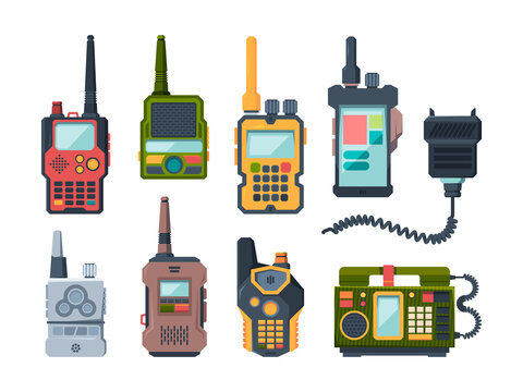 Radio transceiver. Talk devices for military police or travellers garish vector set. Illustration transceiver radio to talk with antenna