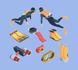 Diving club. Isometric underwater sport items for divers flippers breathing tube air tanks bathyscaphe garish vector. Swimming underwater isometric illustration