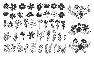 Scandinavian flower elements. Scandi style doodle plants, leaves flowers and branches vector set. Illustration branch plant and flower silhouette