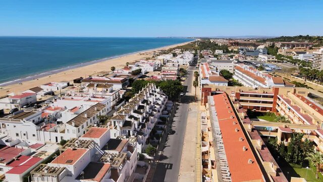 Aerial view of Islantilla, a seaside town full of resorts, Lepe, Huelva, Spain