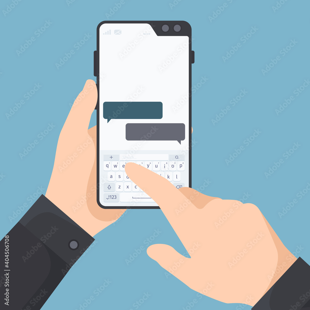 Poster smartphone in hands. man holding telephone and tapping in web chat on screen send messages garish ve