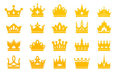 Collection of golden crowns isolated on white background. Crowns for kings, queens, princes-knights, majestic princess tiara. Vector illustration