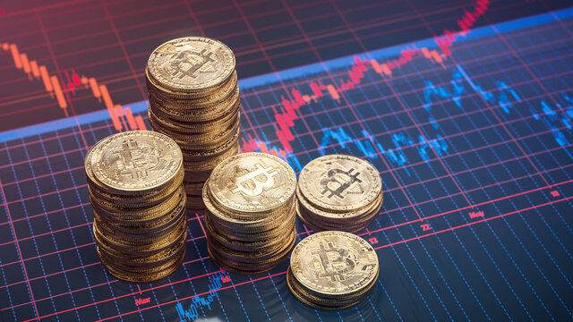 Glänzende Stapel mit Bitcoin Münzen einer Kryptowährung und Kerzendiagrammen eines Aktien Kurses als 3d Rendering zeigen den Wert digitaler Währung