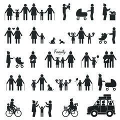 Large set of black figures of people isolated on a white background. Includes Icons Such As Motherhood, Fatherhood, Grandparents, Relatives, Children, Newborn. Vector illustration
