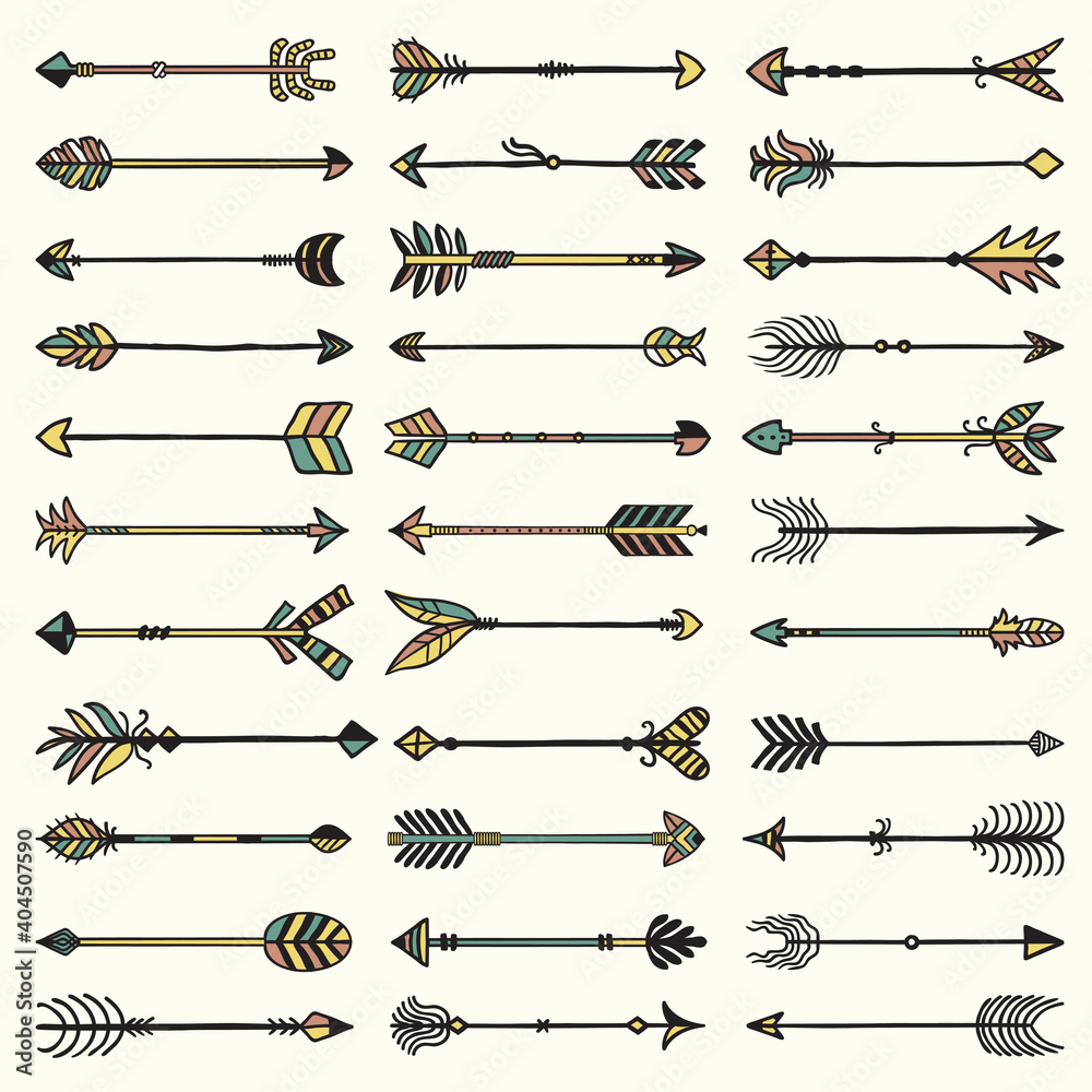Poster boho arrows collection. ethnic authentic feathers with arrows recent vector set. illustration feathe