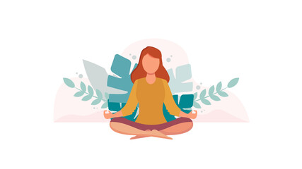 Young girl in the lotus pose meditating and practicing yoga. Flat style vector illustration