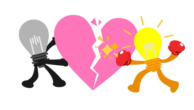 cartoon lamp idea scramble competition fight for break crack heart love doodle vector illustration flat design style