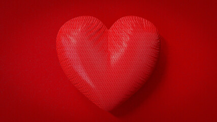 Red heart made of rough cloth on red background. 3D Render.
