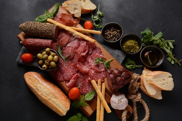 Antipasto Platter salami smoked sausage and olives   with grissini bread sticks