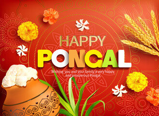 Poster design for Indian harvest festival Pongal (Makar Sankranti, Lohri). Vector illustration.