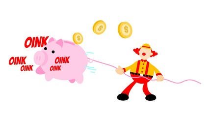 happy clown and pig bank money dollar economy finance cartoon doodle vector illustration flat design style